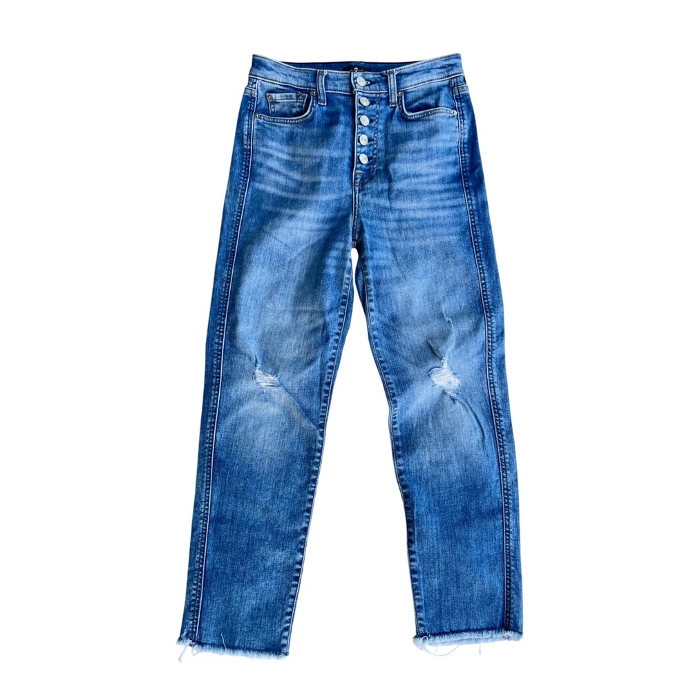 7 For All Mankind High Waist Cropped‎ Straight Jeans Blue Button Fly Size 27